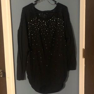 Black sweater with pearl decals and lace shoulders